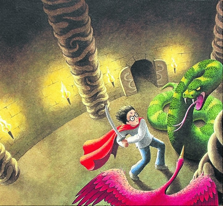 Otra imagen de Harry Potter, luchando contra el basilisco, un monstruo con forma de serpiente gigante.