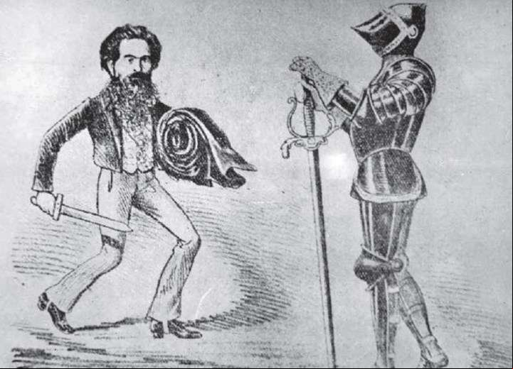 Alem, armado de daga y con poncho enrollado, se enfrenta solo con un caballero de negra armadura y larga espada que representa a los partidarios de la federalización de Buenos Aires. Litografía de El Mosquito, 26 de septiembre de 1880. Biblioteca Nacional. Buenos Aires.