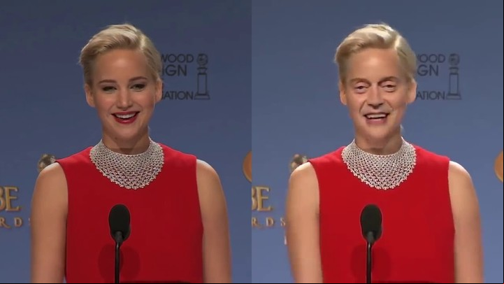 La real Jennifer Lawrence y su modificación con el rostro de Steve Buccemi, una de las alteraciones que puede crear deepfake.