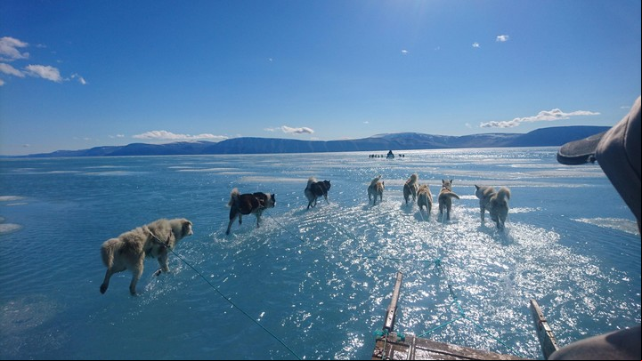 El deshielo de glaciares es parte de las consecuencias del efecto invernadero. En Groenlandia, océano Ártico, vemos en 2022 un trineo hundirse en el hielo al derretirse./ EFE/ Steffen M. Olsen/ Instituto Meteorológico Danés (DMI).