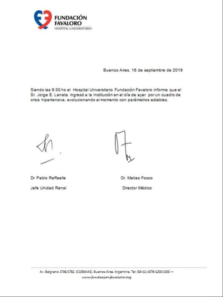 Parte médico de Jorge Lanata: cuadro de crisis hipertensiva. (Fundación Favaloro)