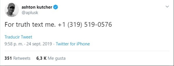 El tuit donde Ashton Kutcher publica su teléfono para todo aquel que quiera saber "la verdad".