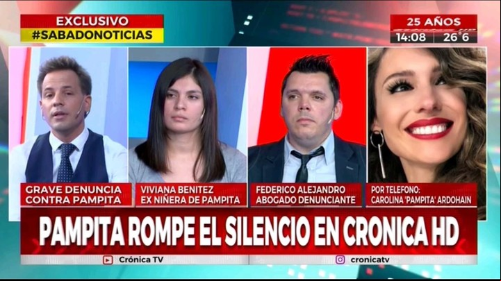 Pampita Ardohain y Viviana Benítez (junto a su abogado Federico Alejandro), cara a cara en el programa de "Crónica TV" conducido por Augusto Pomar.