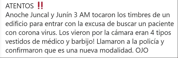 Una de las falsas denuncias por Twitter sobre bandas de delincuentes en tiempo de coronavirus.