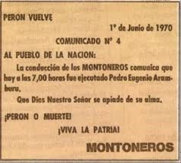 El comunicado de Montoneros sobre la "ejecución" de Pedro Eugenio Aramburu.