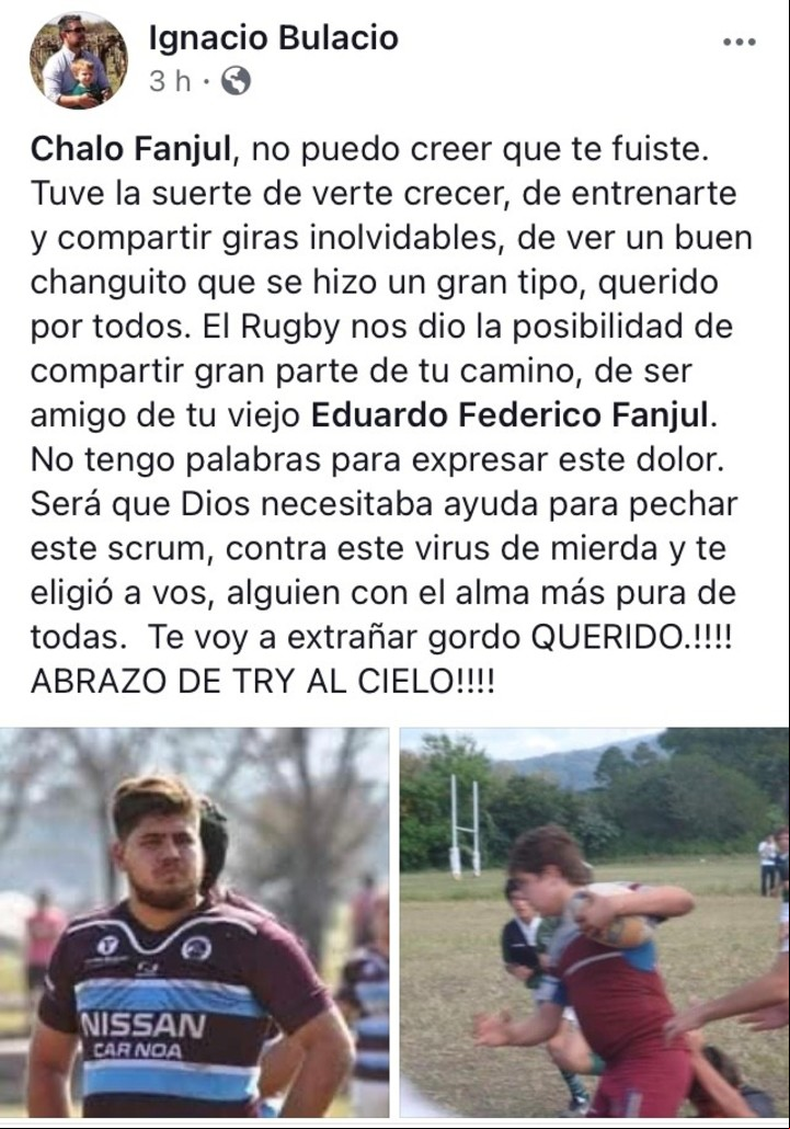 La despedida de Ignacio Bulacio, ex entrenador de Gonzalo Fanjul, para el primera línea que falleció este martes.