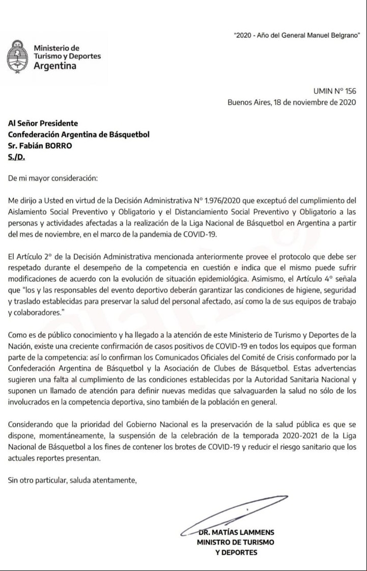 La carta firmada por Matías Lammens que confirma la suspensión de la Liga Nacional de Básquet.