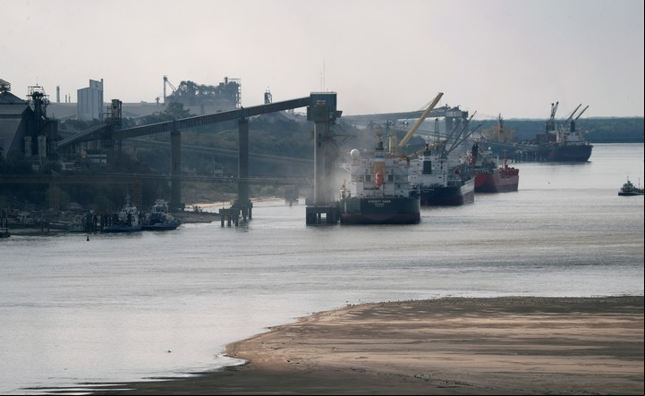Barcos cargueros de soja en el puerto de Rosario. Las exportaciones de granos fueron clave para la calma del dólar en la primera parte del año. Foto Reuters