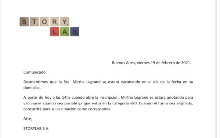 El comunicado de la productora de Nacho Viale desmintiendo que la diva sería vacunada en su hogar.