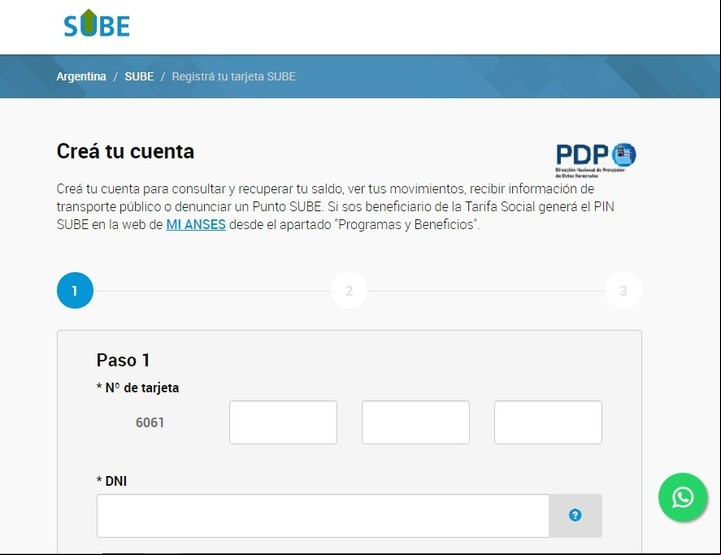 El formulario para registrar una tarjeta SUBE. Foto: Captura.