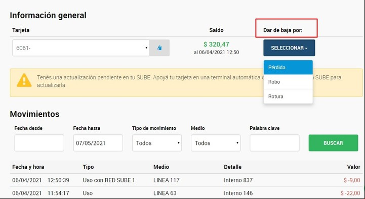 La opción para pedir que den de baja una tarjeta SUBE perdida, dañada o robada. Foto: Captura.
