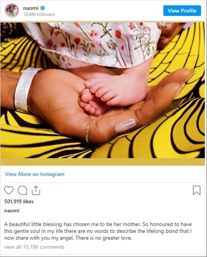 El posteo de Instagram en el que Naomi Campbell anunciaba, en mayo de 2021, el nacimiento de su hija,
