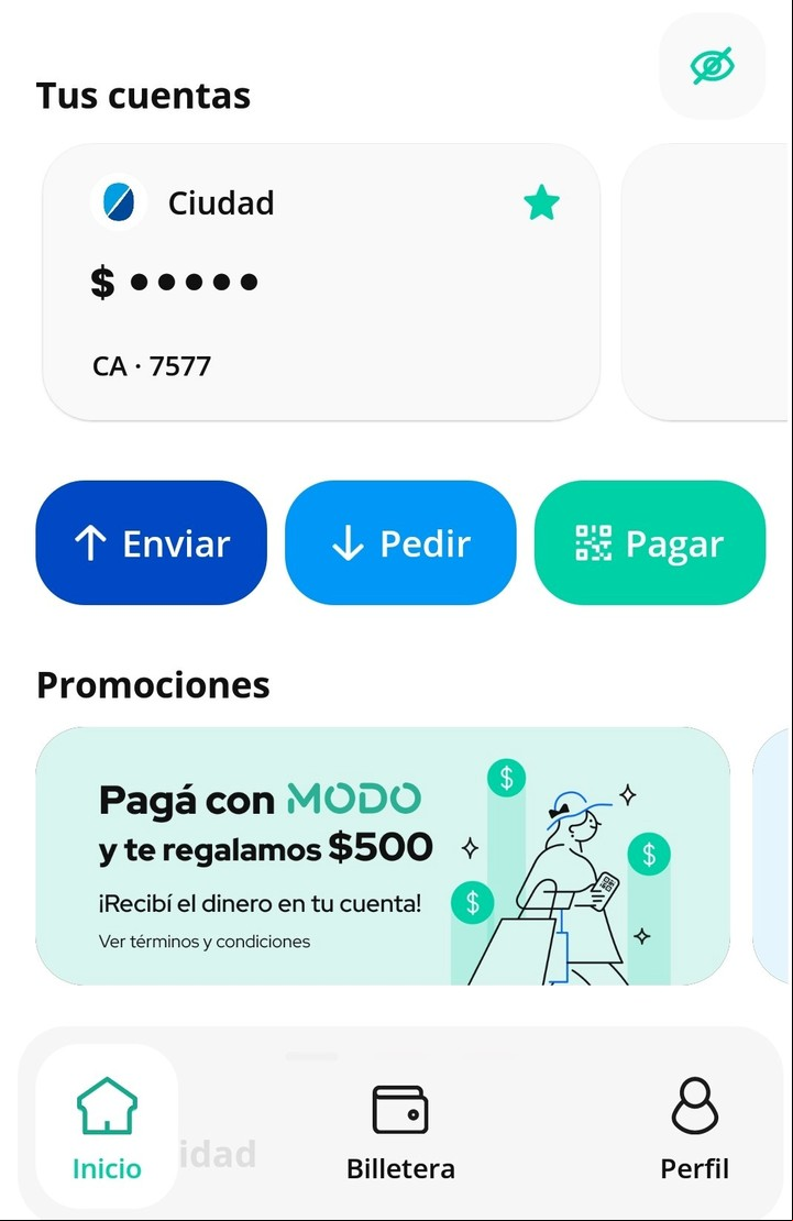 La billetera Modo y sus principales opciones: enviar dinero, pedir y pagar con QR. Imagen: Captura.