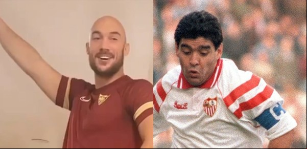 Video: el arquero del Sevilla cantó "La mano de Dios" en homenaje a Diego Maradona