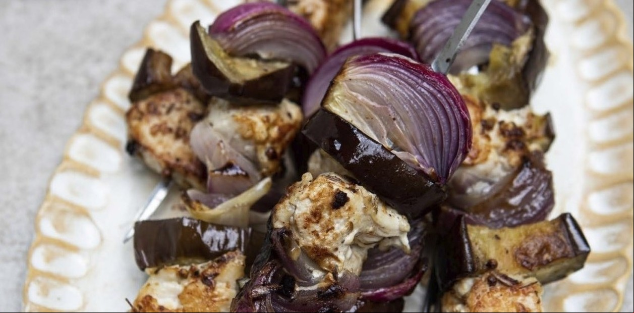 Receta de Pincho de pollo, cebolla y berenjena