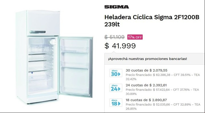 Una heladera básica, posible de pagar en 30 cuotas fijas de $ 2.079. Imagen: Captura.