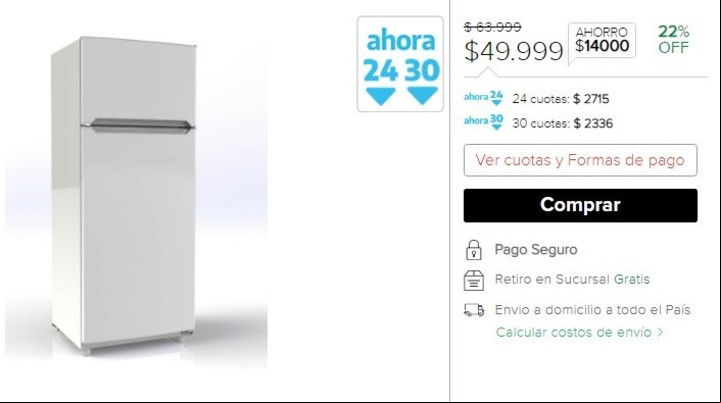 Una heladera de $ 50 mil queda en 30 cuotas de $ 2.336 con el plan oficial. Imagen: Captura.