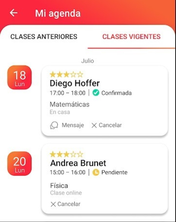 La app arma una agenda con las clases tomadas y pendientes. Imagen: Captura.
