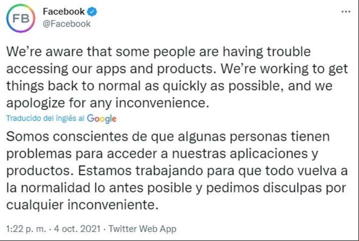 El primer mensaje de la app de Facebook sobre el incidente, en Twitter.