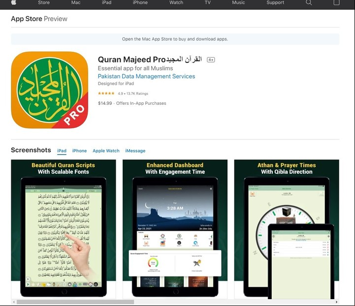 Quran Majeed, una aplicación para leer el Corán, en el App Store. Foto App Store