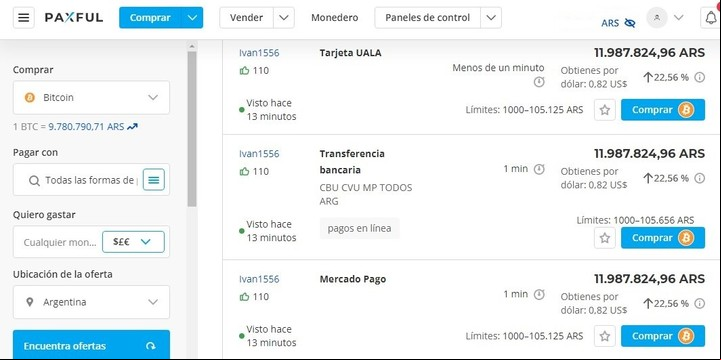 En las plataformas P2P los que entran a comprar bitcoin hallan ofertas compatibles con distintos medios de pago. Imagen: Captura.
