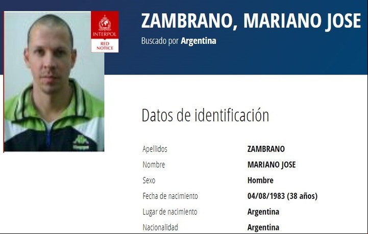 La cédula roja de Interpol para buscar a Zambrano.