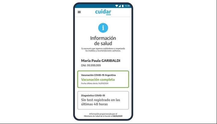 Pase sanitario en la app Cuidar.