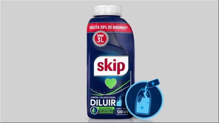 El nuevo Skip Líquido Bio-Enzimas para diluir cuenta con activo biodegradable y posee una botella de 500 ml hecha con plástico reciclado y es 100% reciclable.