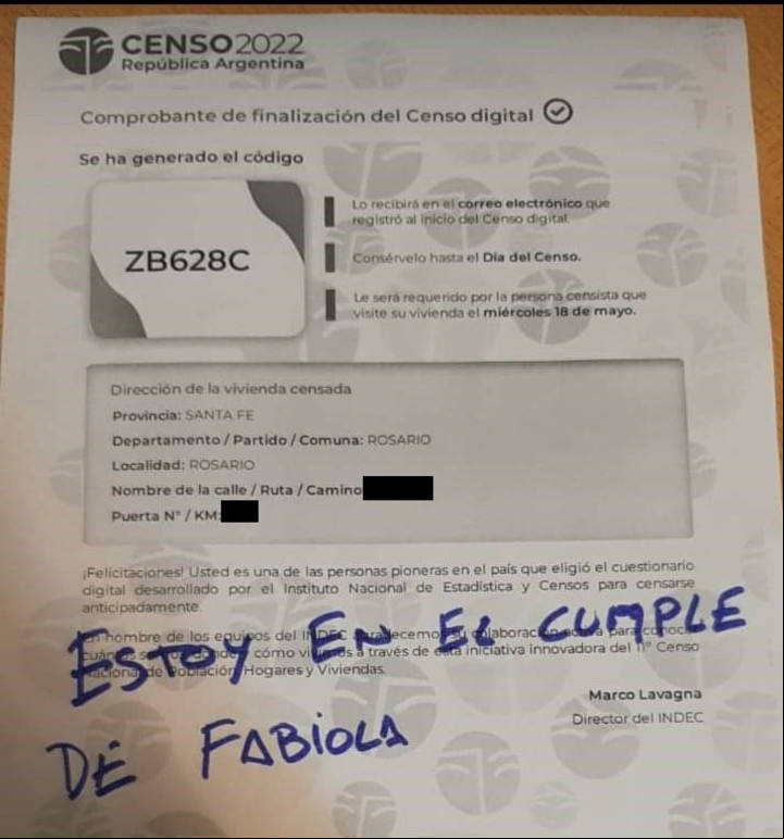 El mensaje que le dejó una vecina de Rosario al censista con una referencia al festejo de cumpleaños que hizo Fabiola Yañez en plena pandemia