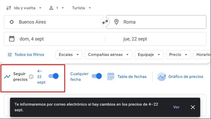 La opción que hay que activar en Google Vuelos para comenzar a recibir avisos de ofertas. Imagen: Captura.