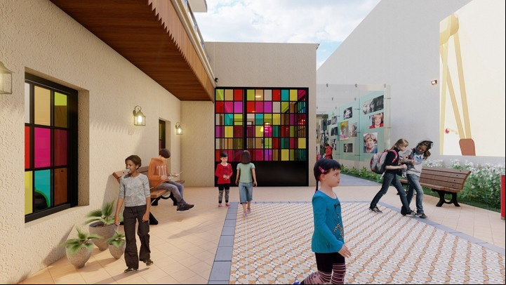 Así quedaría uno de los patios de la Casa Cultural María Elena Walsh en Villa Sarmiento.