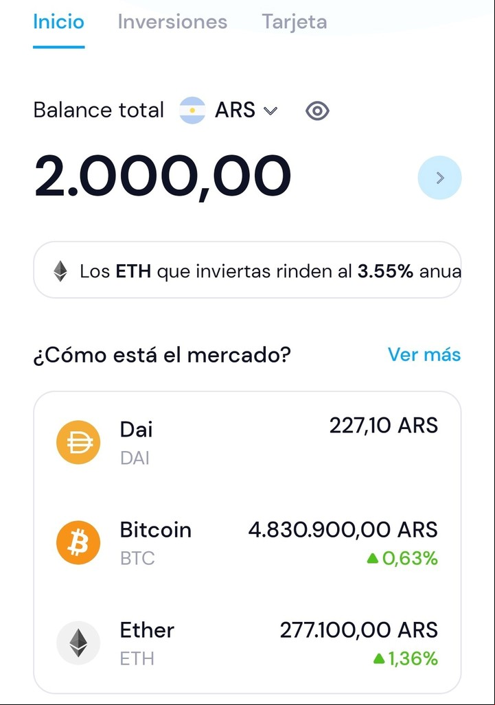 La app Buenbit y su pantalla principal, en la que se destaca el saldo del . Imagen: Captura.
