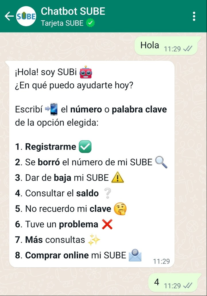 El chatbot de SUBE responde múltiples dudas y una de ellas es la vinculada al saldo. Imagen: Captura.