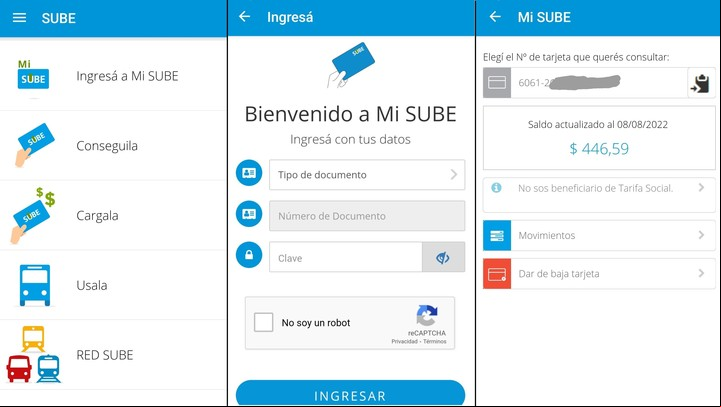 Así se averigua el saldo con la app oficial SUBE. Imagen: Captura.