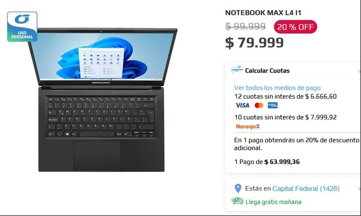 Una notebook Banghó, rebajada a $ 80 mil y financiable en 12 pagos sin recargo. Imagen: Captura.