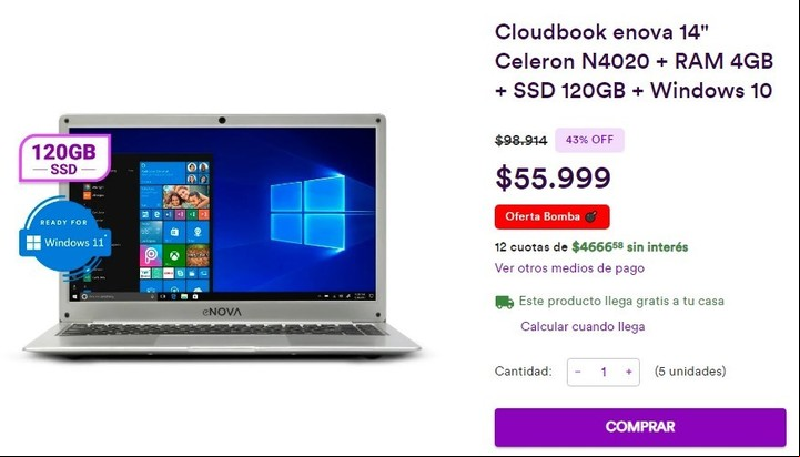 Una notebook Enova, disponible en cuotas sin recargo de $ 4.666. Imagen: Captura.