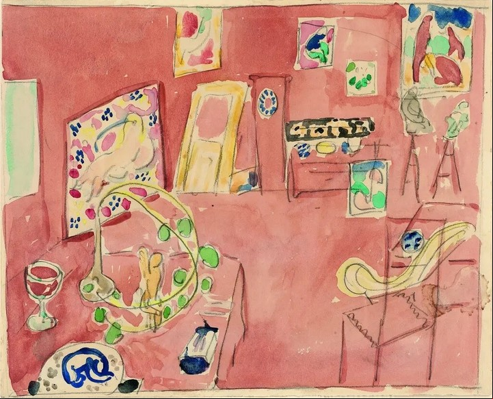 “The Red Studio” en una copia en acuarela que Matisse envió a Shchukin. Su patrón rechazó el lienzo terminado, por razones que no están del todo claras. Foto Sucesión H. Matisse/Artists Rights Society (ARS), Nueva York; Museo Estatal Pushkin de Bellas Artes, Moscú / NYT