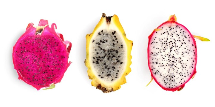 Los tres tipos de pitaya o fruta del dragón.