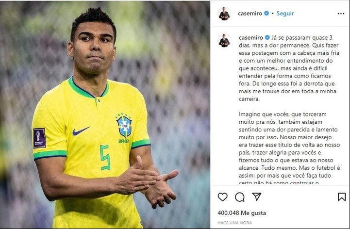El mensaje de Casemiro en Twitter. Captura.