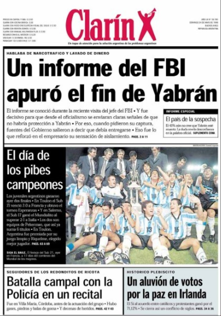 La tapa de Clarín del 24 de mayo de 1998, el día después de la consagración en el torneo Esperanzas de Toulon.