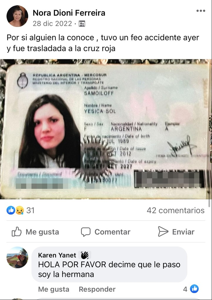 La publicación por la cual se enteró del accidente la hermana de Yésica Samoiloff.