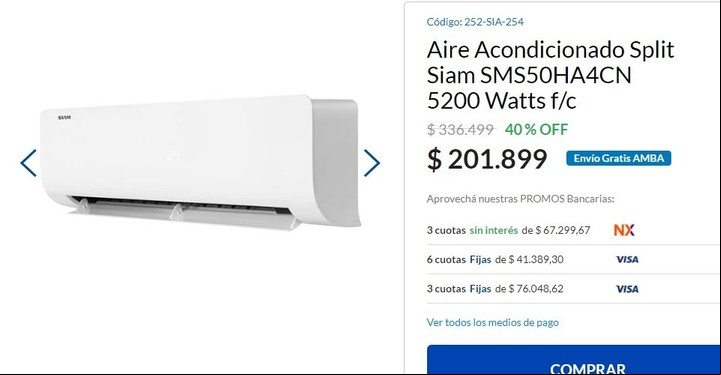Una de las ofertas en aires acondicionados que se encuentran actualmente. Imagen: Captura.