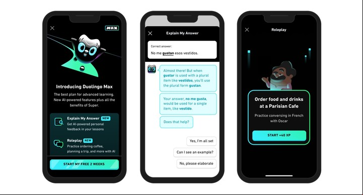Duolingo Max, la versión de la app potenciada con inteligencia artificial. Foto: Duolingo.