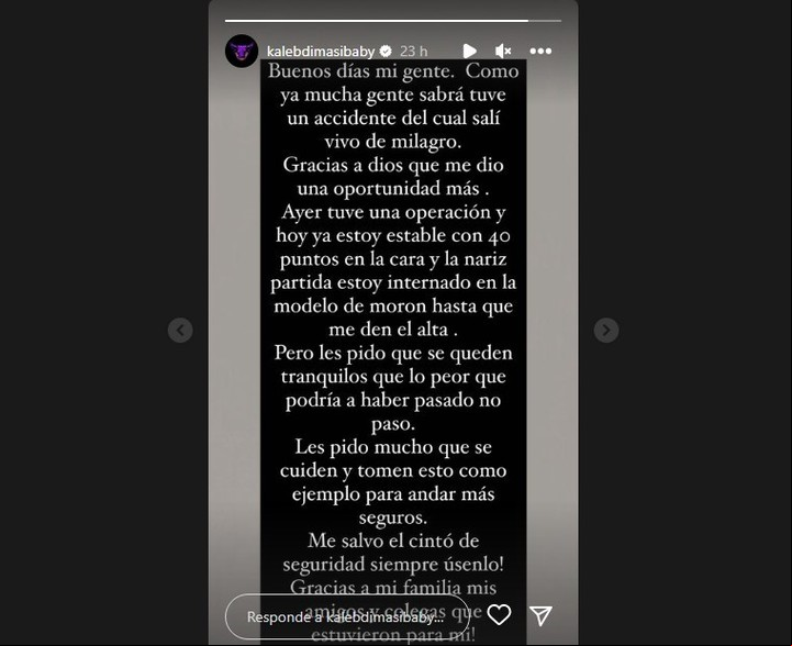 El mensaje de Kaleb di Masi en Instagram.
