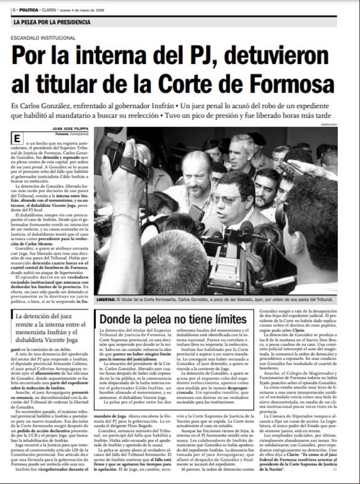 La detención de un juez en Formosa que se opuso a la primera reelección de Gildo Insfrán.
