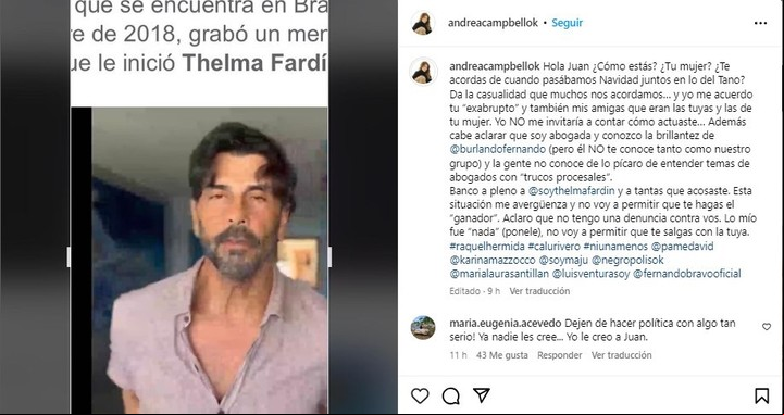 El posteo de Andrea Campbell contra Juan Darthés y su mujer.