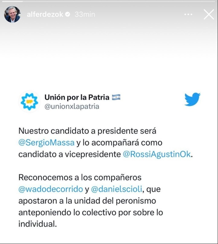 Alberto Fernández celebró la candidatura presidencial de Sergio Massa y Agustín Rossi en las redes.