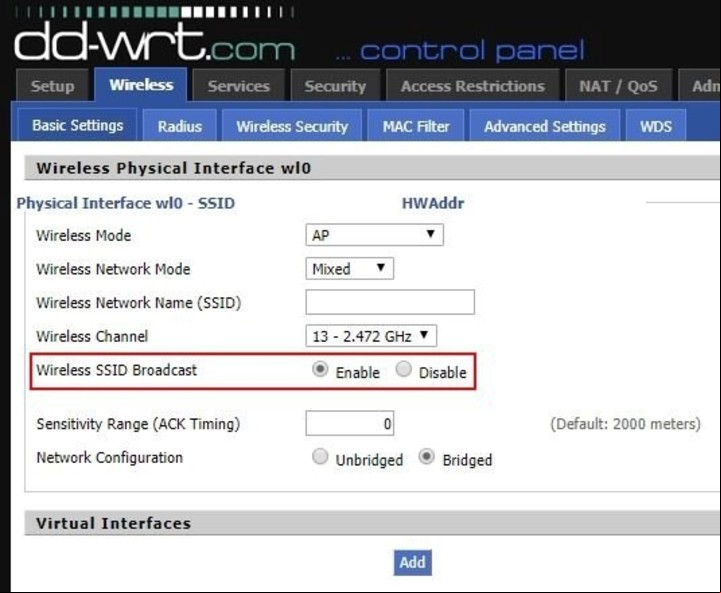  de control de un router: ocultar SSID. Foto DD WRT