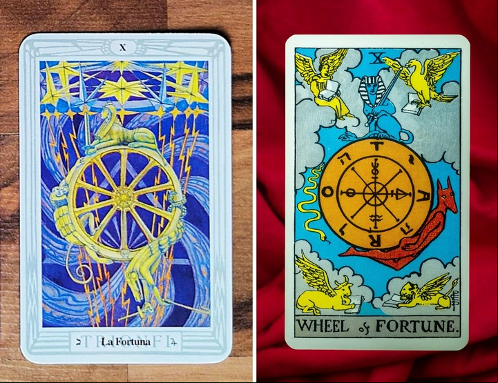 La Rueda de la Fortuna según el Tarot de Thoth (izq) y sus diferencias con el mismo arcano según el mazo RIder Waite Smith. (Foto: ilustración Shutterstock)