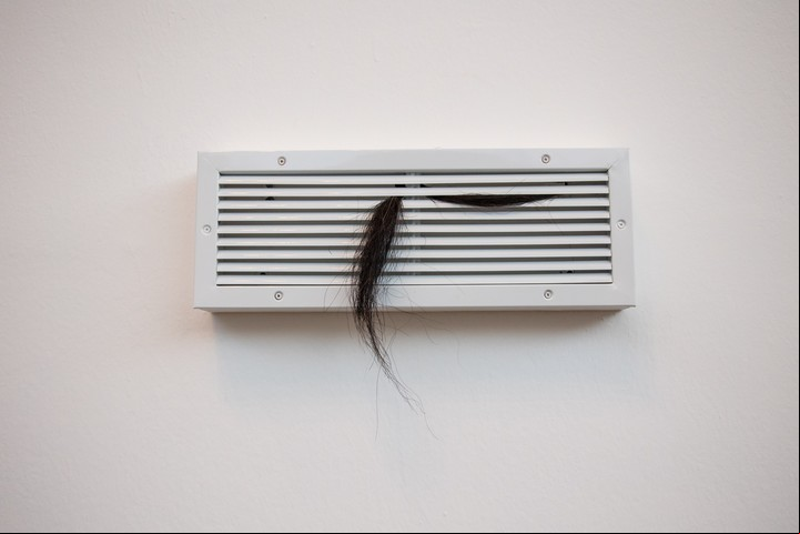 S/T, 2023. Hierro y cerdas de caballo en las rejillas de ventilación. 320 x 8 x 70 cm.